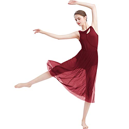 IMEKIS Damen Lyrisches Ballett Tanzkleid Ärmellos Cutout Gymnastik Trikot mit Seitlich Geteiltem Tüll Schnittrock Zeitgenössisches Modernes Tanzkostüm Ballsaal Tanzkleidung Weinrot S von IMEKIS