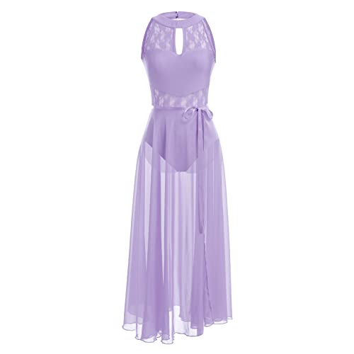 IMEKIS Damen Lyrisches Ballett Tanzkostüm Blume Spitze Neckholder Gymnastikanzug mit Chiffon Wickelrock Moderne Ballsaal Tanzkleidung Bühnen Performance Outfit Lila XS von IMEKIS