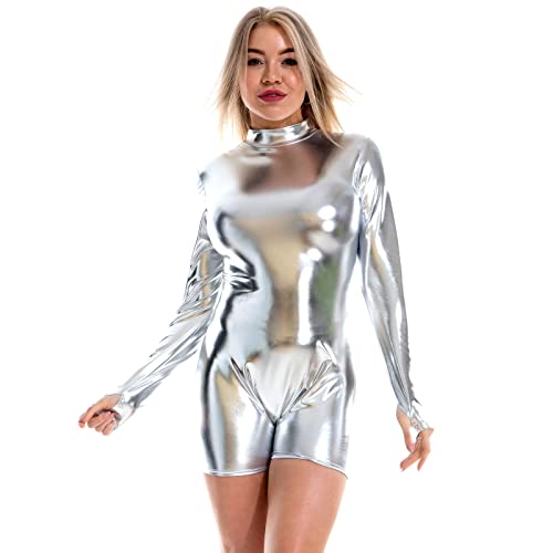 IMEKIS Damen Metallic Ballettanzug Langarm Glänzend Wetlook Ballettbody Tanztrikot Rollkragen Gymnastik Leotard Einteiler Sport Bodysuit Oberteile Nachtclub Dancewear Silber X-Large von IMEKIS