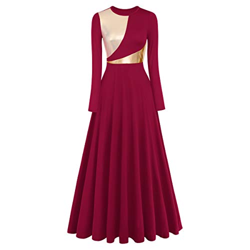 IMEKIS Damen Metallic Gold Lob Tanzkleid Farbblock Gürtel Langarm Liturgische Anbetung Kostüm Kirche Robe Lob - Rot - Mittel von IMEKIS