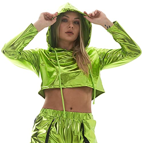 IMEKIS Damen Metallic Kapuzenpullover Sweatshirt Langarm Kunstleder Kapuze Crop Top Glänzend Lockere Pullover Shirt Top mit Kordelzug Nachtclub Dancewear Hip Hop Rave Kostüm Grün M von IMEKIS