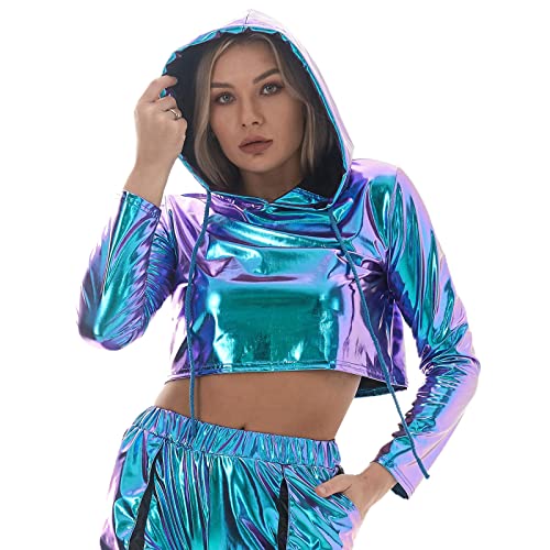 IMEKIS Damen Metallic Kapuzenpullover Sweatshirt Langarm Kunstleder Kapuze Crop Top Glänzend Lockere Pullover Shirt Top mit Kordelzug Nachtclub Dancewear Hip Hop Rave Kostüm Laser Blau S von IMEKIS