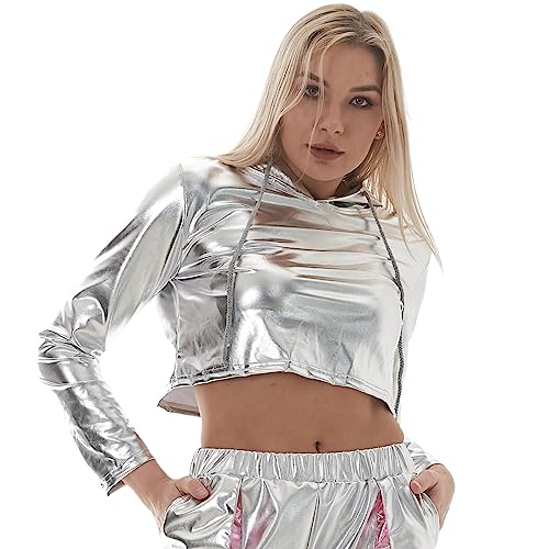 IMEKIS Damen Metallic Kapuzenpullover Sweatshirt Langarm Kunstleder Kapuze Crop Top Gl?nzend Lockere Pullover Shirt Top mit Kordelzug Nachtclub Dancewear Hip Hop Rave Kost?m Silber L von IMEKIS