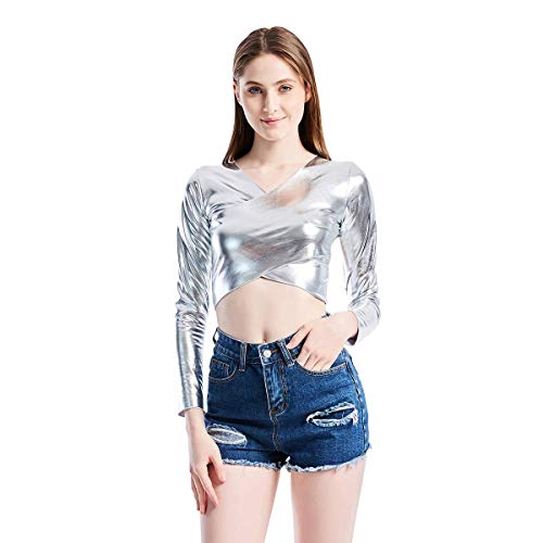 IMEKIS Damen Metallic Langarmshirt Glänzen Crop Tops PU Leder Kurz T-Shirt Bluse Wetlook V-Ausschnitt Bauchfrei Oberteil Wickeltop mit Rüschen Nacht Party Clubwear Tanzwear Silber S von IMEKIS