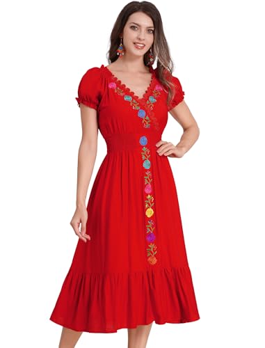 IMEKIS Kleid Damen Mexikanisches Cinco De Mayo Kleider Kurzarm V-Ausschnitt Blumenstickerei Gesmokte Sommerkleid Fiesta Totenfest Hallowen Karneval Kostüm Rot S von IMEKIS
