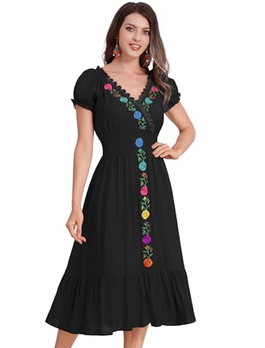 IMEKIS Kleid Damen Mexikanisches Cinco De Mayo Kleider Kurzarm V-Ausschnitt Blumenstickerei Gesmokte Sommerkleid Fiesta Totenfest Hallowen Karneval Kostüm Schwarz L von IMEKIS