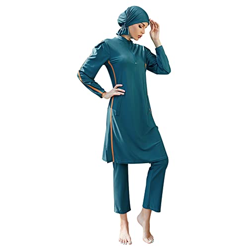 IMEKIS Damen Muslimisch Bademode 3tlg Kopftuch Bescheidener Badeanzug Islamischer Burkini Badeanzug Langarm Schwimmoberteil mit Hose Hijab Ganzkörper Schwimmanzug Blauer See S von IMEKIS