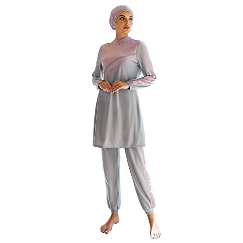 IMEKIS Damen Muslimisch Bademode 3tlg Kopftuch Bescheidener Badeanzug Islamischer Burkini Badeanzug Langarm Schwimmoberteil mit Hose Hijab Ganzkörper Schwimmanzug Hellgrau S von IMEKIS