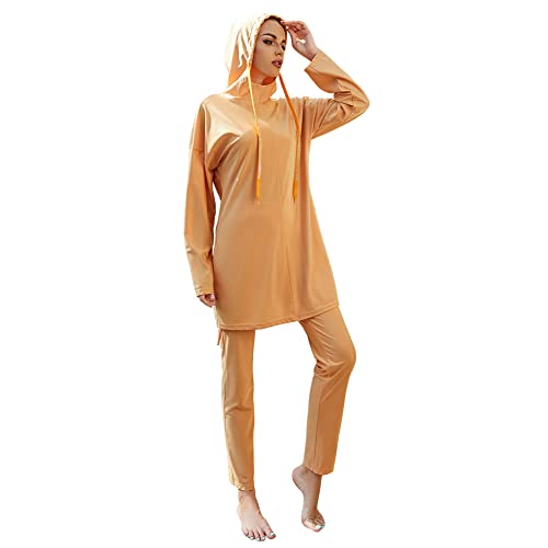 IMEKIS Damen Muslimisch Bademode 3tlg Kopftuch Bescheidener Badeanzug Islamischer Burkini Badeanzug Langarm Schwimmoberteil mit Hose Hijab Ganzkörper Schwimmanzug Orange L von IMEKIS