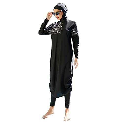 IMEKIS Damen Muslimisch Bademode 3tlg Kopftuch Bescheidener Badeanzug Islamischer Burkini Badeanzug Langarm Schwimmoberteil mit Hose Hijab Ganzkörper Schwimmanzug Schwarz 1 M von IMEKIS