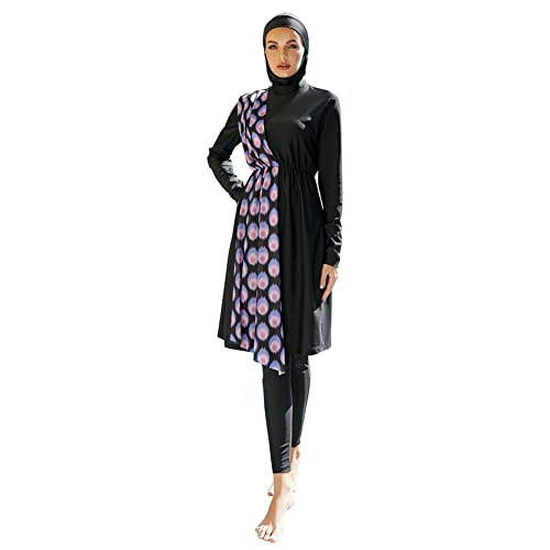 IMEKIS Damen Muslimisch Bademode 3tlg Kopftuch Bescheidener Badeanzug Islamischer Burkini Badeanzug Langarm Schwimmoberteil mit Hose Hijab Ganzkörper Schwimmanzug Schwarz 10 M von IMEKIS