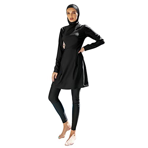 IMEKIS Damen Muslimisch Bademode 3tlg Kopftuch Bescheidener Badeanzug Islamischer Burkini Badeanzug Langarm Schwimmoberteil mit Hose Hijab Ganzkörper Schwimmanzug Schwarz 11 L von IMEKIS