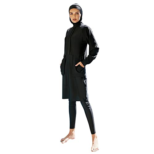 IMEKIS Damen Muslimisch Bademode 3tlg Kopftuch Bescheidener Badeanzug Islamischer Burkini Badeanzug Langarm Schwimmoberteil mit Hose Hijab Ganzkörper Schwimmanzug Schwarz 12 L von IMEKIS