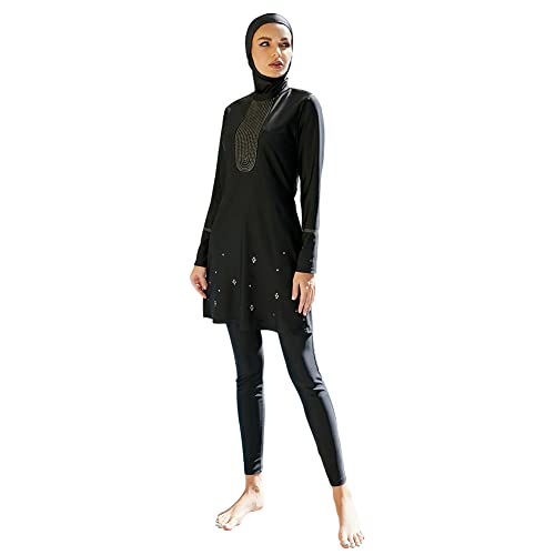 IMEKIS Damen Muslimisch Bademode 3tlg Kopftuch Bescheidener Badeanzug Islamischer Burkini Badeanzug Langarm Schwimmoberteil mit Hose Hijab Ganzkörper Schwimmanzug Schwarz 13 S von IMEKIS