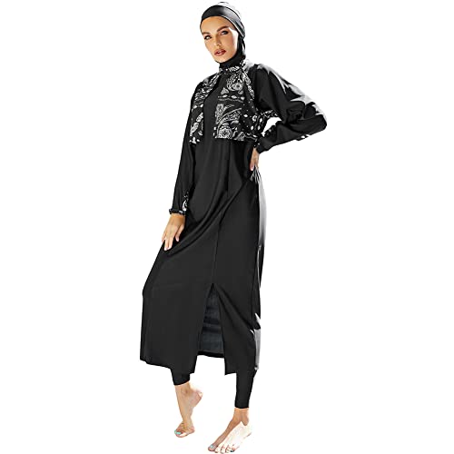 IMEKIS Damen Muslimisch Bademode 3tlg Kopftuch Bescheidener Badeanzug Islamischer Burkini Badeanzug Langarm Schwimmoberteil mit Hose Hijab Ganzkörper Schwimmanzug Schwarz 2 XL von IMEKIS