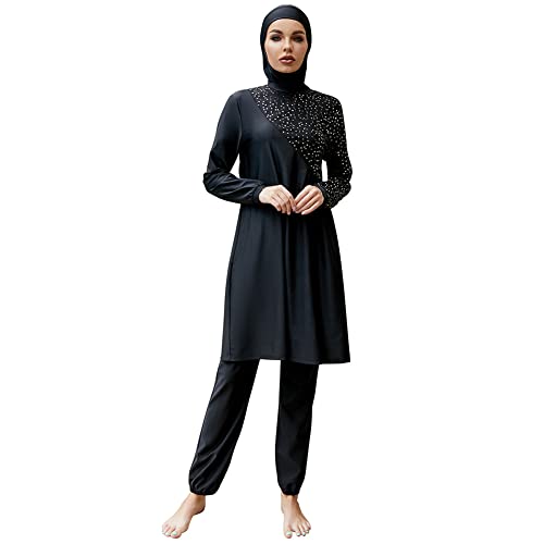 IMEKIS Damen Muslimisch Bademode 3tlg Kopftuch Bescheidener Badeanzug Islamischer Burkini Badeanzug Langarm Schwimmoberteil mit Hose Hijab Ganzkörper Schwimmanzug Schwarz 6 S von IMEKIS