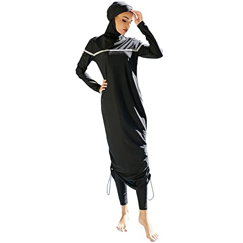 IMEKIS Damen Muslimisch Bademode 3tlg Kopftuch Bescheidener Badeanzug Islamischer Burkini Badeanzug Langarm Schwimmoberteil mit Hose Hijab Ganzkörper Schwimmanzug Schwarz 7 L von IMEKIS