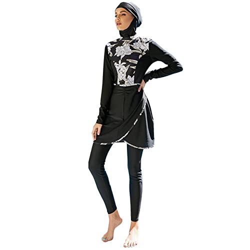 IMEKIS Damen Muslimisch Bademode 3tlg Kopftuch Bescheidener Badeanzug Islamischer Burkini Badeanzug Langarm Schwimmoberteil mit Hose Hijab Ganzkörper Schwimmanzug Schwarz 8 L von IMEKIS