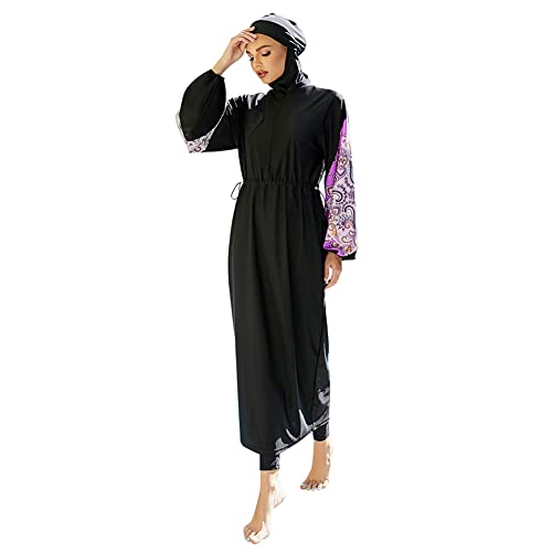 IMEKIS Damen Muslimisch Bademode 3tlg Kopftuch Bescheidener Badeanzug Islamischer Burkini Badeanzug Langarm Schwimmoberteil mit Hose Hijab Ganzkörper Schwimmanzug Schwarz 9 L von IMEKIS