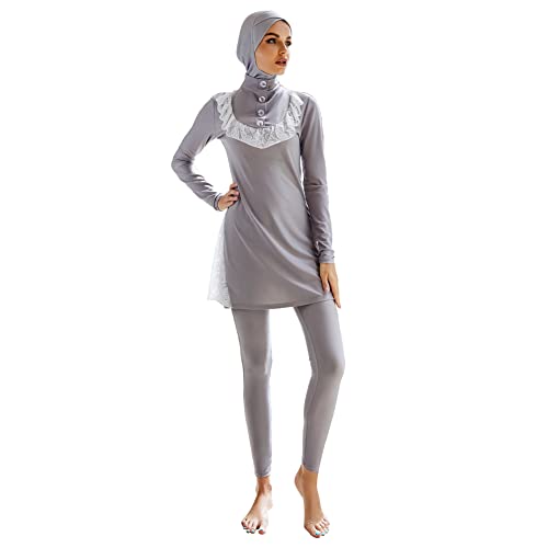 IMEKIS Damen Muslimisch Bademode 3tlg Kopftuch Bescheidener Badeanzug Islamischer Burkini Badeanzug Langarm Schwimmoberteil mit Hose Hijab Ganzkörper Schwimmanzug Weiß Grau M von IMEKIS