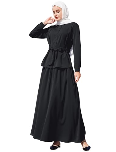 IMEKIS Damen Muslimische 2 Stücke Sets Langarm Einfarbige Button Down Shirt Top mit Lang Rock Islamische Gebetskleidung Türkei Dubai Arabisch Ramadan Eid Abaya Outfits Schwarz L von IMEKIS