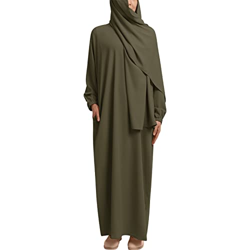 IMEKIS Damen Muslimische Maxi Gebetkleid Einteilige Islamischen Abaya Hijab Kleid mit Taschen Langarm Einfarbig Lose Jilbabs Dubai Türkei Arabischen Nahen Osten Kaftans Armee Grün L von IMEKIS