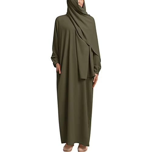 IMEKIS Damen Muslimische Maxi Gebetkleid Einteilige Islamischen Abaya Hijab Kleid mit Taschen Langarm Einfarbig Lose Jilbabs Dubai Türkei Arabischen Nahen Osten Kaftans Armee Grün M von IMEKIS
