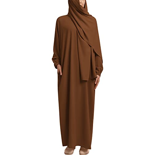 IMEKIS Damen Muslimische Maxi Gebetkleid Einteilige Islamischen Abaya Hijab Kleid mit Taschen Langarm Einfarbig Lose Jilbabs Dubai Türkei Arabischen Nahen Osten Kaftans Braun L von IMEKIS