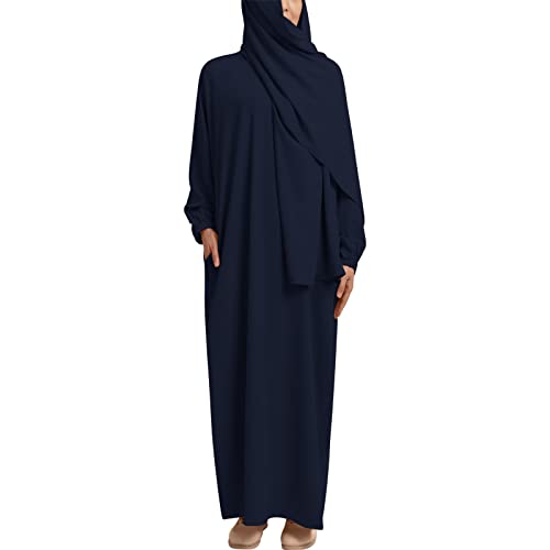 IMEKIS Damen Muslimische Maxi Gebetkleid Einteilige Islamischen Abaya Hijab Kleid mit Taschen Langarm Einfarbig Lose Jilbabs Dubai Türkei Arabischen Nahen Osten Kaftans Dunkelblau M von IMEKIS