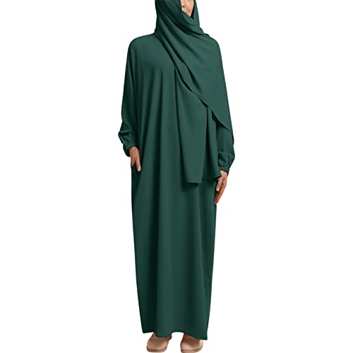 IMEKIS Damen Muslimische Maxi Gebetkleid Einteilige Islamischen Abaya Hijab Kleid mit Taschen Langarm Einfarbig Lose Jilbabs Dubai Türkei Arabischen Nahen Osten Kaftans Dunkelgrün M von IMEKIS