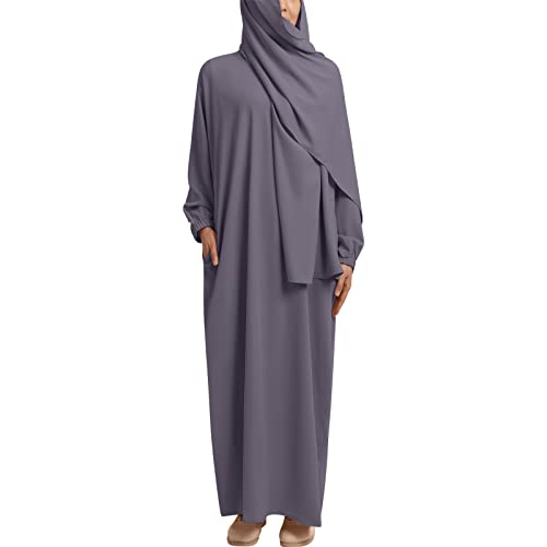 IMEKIS Damen Muslimische Maxi Gebetkleid Einteilige Islamischen Abaya Hijab Kleid mit Taschen Langarm Einfarbig Lose Jilbabs Dubai Türkei Arabischen Nahen Osten Kaftans Grau L von IMEKIS