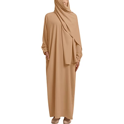 IMEKIS Damen Muslimische Maxi Gebetkleid Einteilige Islamischen Abaya Hijab Kleid mit Taschen Langarm Einfarbig Lose Jilbabs Dubai Türkei Arabischen Nahen Osten Kaftans Khaki L von IMEKIS