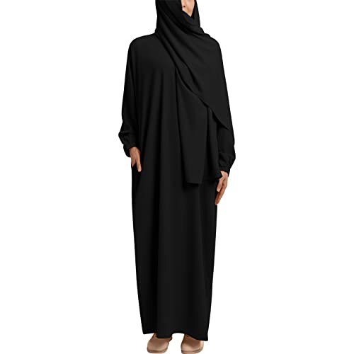 IMEKIS Damen Muslimische Maxi Gebetkleid Einteilige Islamischen Abaya Hijab Kleid mit Taschen Langarm Einfarbig Lose Jilbabs Dubai Türkei Arabischen Nahen Osten Kaftans Schwarz L von IMEKIS