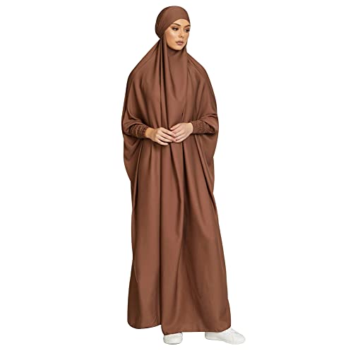 IMEKIS Damen Muslimischen Jilbab Kleid Islamischen Ramadan Gebetkleid mit Hijab Kapuze Abaya Kleid Einfarbig Lose Arabisch Khimar Kaftan Nahen Osten Dubai Türkei in voller Länge Robe Braun von IMEKIS
