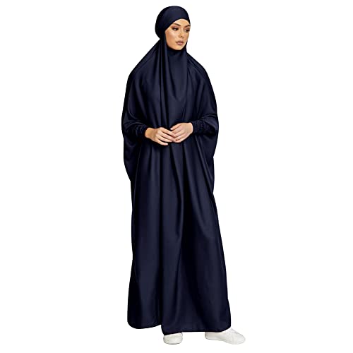 IMEKIS Damen Muslimischen Jilbab Kleid Islamischen Ramadan Gebetkleid mit Hijab Kapuze Abaya Kleid Einfarbig Lose Arabisch Khimar Kaftan Nahen Osten Dubai T?rkei in voller L?nge Robe Marineblau von IMEKIS