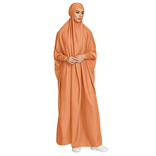 IMEKIS Damen Muslimischen Jilbab Kleid Islamischen Ramadan Gebetkleid mit Hijab Kapuze Abaya Kleid Einfarbig Lose Arabisch Khimar Kaftan Nahen Osten Dubai Türkei in voller Länge Robe Orange von IMEKIS