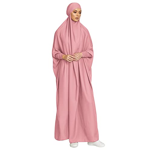 IMEKIS Damen Muslimischen Jilbab Kleid Islamischen Ramadan Gebetkleid mit Hijab Kapuze Abaya Kleid Einfarbig Lose Arabisch Khimar Kaftan Nahen Osten Dubai T?rkei in voller L?nge Robe Rosa von IMEKIS