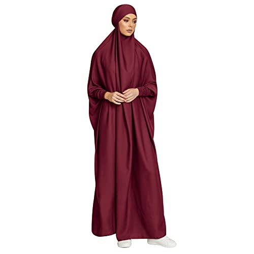 IMEKIS Damen Muslimischen Jilbab Kleid Islamischen Ramadan Gebetkleid mit Hijab Kapuze Abaya Kleid Einfarbig Lose Arabisch Khimar Kaftan Nahen Osten Dubai Türkei in voller Länge Robe Weinrot von IMEKIS