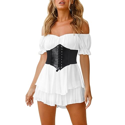 IMEKIS Damen Off Shoulder Strampler Kleid Boho Kurz Jumpsuit R?schen Overall Minikleid Elegant Casual Playsuit Shorts Pirate Halloween Kost?m Renaissance Korsettkleid Wei?+G?rtel L von IMEKIS