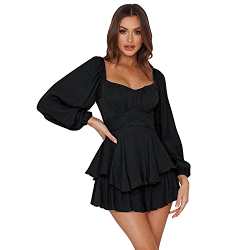 IMEKIS Damen Off Shoulder Strampler Kleid Einfarbige Langarm R�schen Jumpsuit Shorts Elegant Chiffon Minikleid Kurz Boho Overalls Sommer Caual Playsuit Schwarz M von IMEKIS