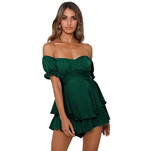 IMEKIS Damen Off Shoulder Strampler Kleid Frauen Boho Blumendruck Kurz Jumpsuit Chiffon Rüschen Minikleid Elegant Overall Shorts Casual Sommerkleid Playsuit Dunkelgrün S von IMEKIS