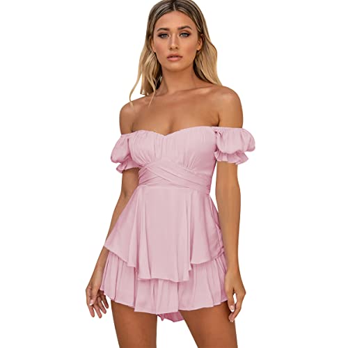 IMEKIS Damen Off Shoulder Strampler Kleid Frauen Boho Blumendruck Kurz Jumpsuit Chiffon Rüschen Minikleid Elegant Overall Shorts Casual Sommerkleid Playsuit Rosa L von IMEKIS