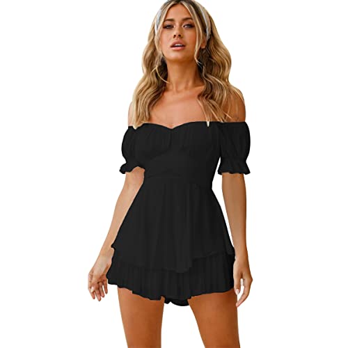 IMEKIS Damen Off Shoulder Strampler Kleid Frauen Boho Blumendruck Kurz Jumpsuit Chiffon Rüschen Minikleid Elegant Overall Shorts Casual Sommerkleid Playsuit Schwarz L von IMEKIS