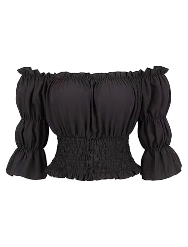 IMEKIS Damen Renaissance Mittelalterlichen Hemd Off Shoulder Piratenbluse Halloween Kost�m Kurze Puff�rmel Einfarbig Gesmoktes Cropped Top Schwarz M von IMEKIS