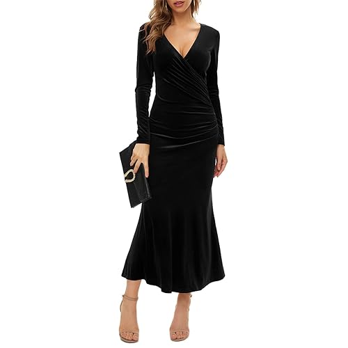 IMEKIS Damen Samt Weihnachten Kleid Langarm V-Ausschnitt Bodycon Abendkleid Elegante Hochzeit Festlich Partykleid Cocktailkleid f?r Herbst Winter Schwarz L von IMEKIS