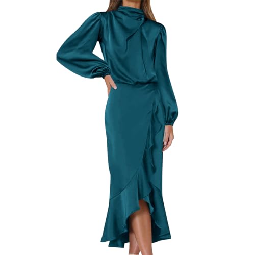 IMEKIS Damen Satin Kleid Langarm Rollkragen Rüschen Kleid Einfarbig Empire Taille Cocktailkleid Elegant Festlich Abendkleid Frauen Hochzeitsgast Partykleid Lang Ballkleid See Blau L von IMEKIS