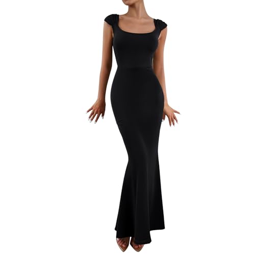 IMEKIS Damen Sommer Bodycon Maxi Kleid Slim Fit Meerjungfrau Abendkleid Einfarbig Rückenfrei Lounge Freizeitkleid Elegante Hochzeit Cocktail Partykleid Schwarz M von IMEKIS