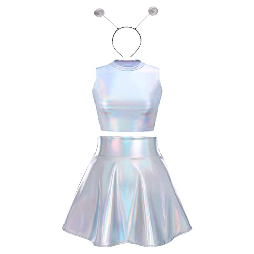 IMEKIS Damen Space Girl Alien Kostüm Karneval Glänzendes Metallisch Crop Top mit Minirock Alien Stirnband 3pcs Disco Club Dancewear Halloween Facshing Mottoparty Outfit Laser Silber-Rollkragen 2XL von IMEKIS