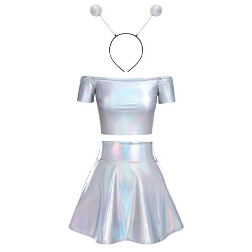 IMEKIS Damen Space Girl Alien Kostüm Karneval Glänzendes Metallisch Crop Top mit Minirock Alien Stirnband 3pcs Disco Club Dancewear Halloween Facshing Mottoparty Outfit Laser Silber-Schulterfrei 2XL von IMEKIS