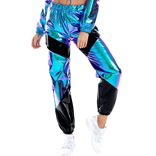 Damen Sporthose Taille Hose Cargohose Jogger Hose Glänzend Metallic Hip Hop Tanzhose mit Taschen Nachtclub Disco Dancewear Casual Streethose Blau-Schwarz Medium von IMEKIS